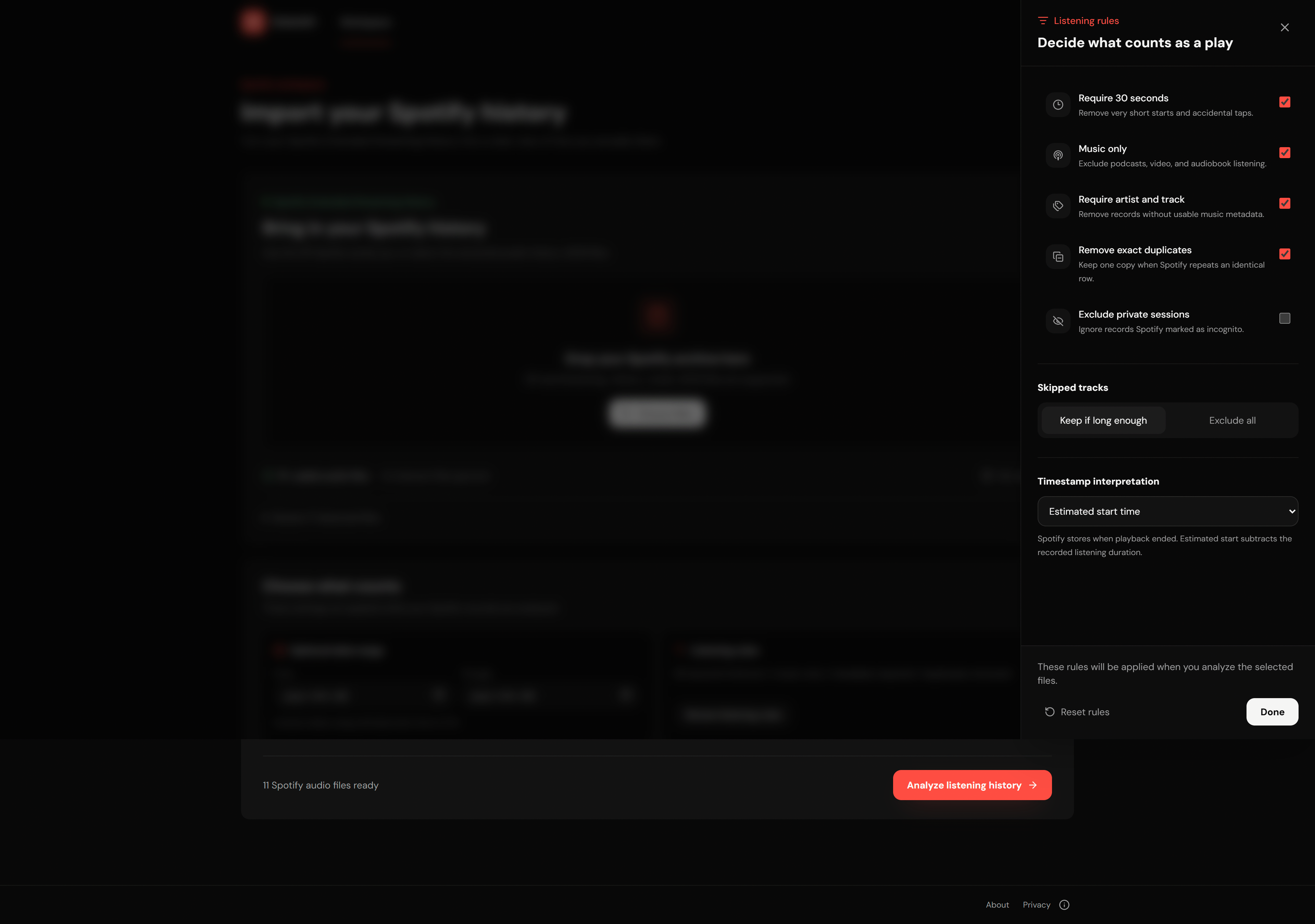 ListenKit listening rules panel for deciding what counts as a play